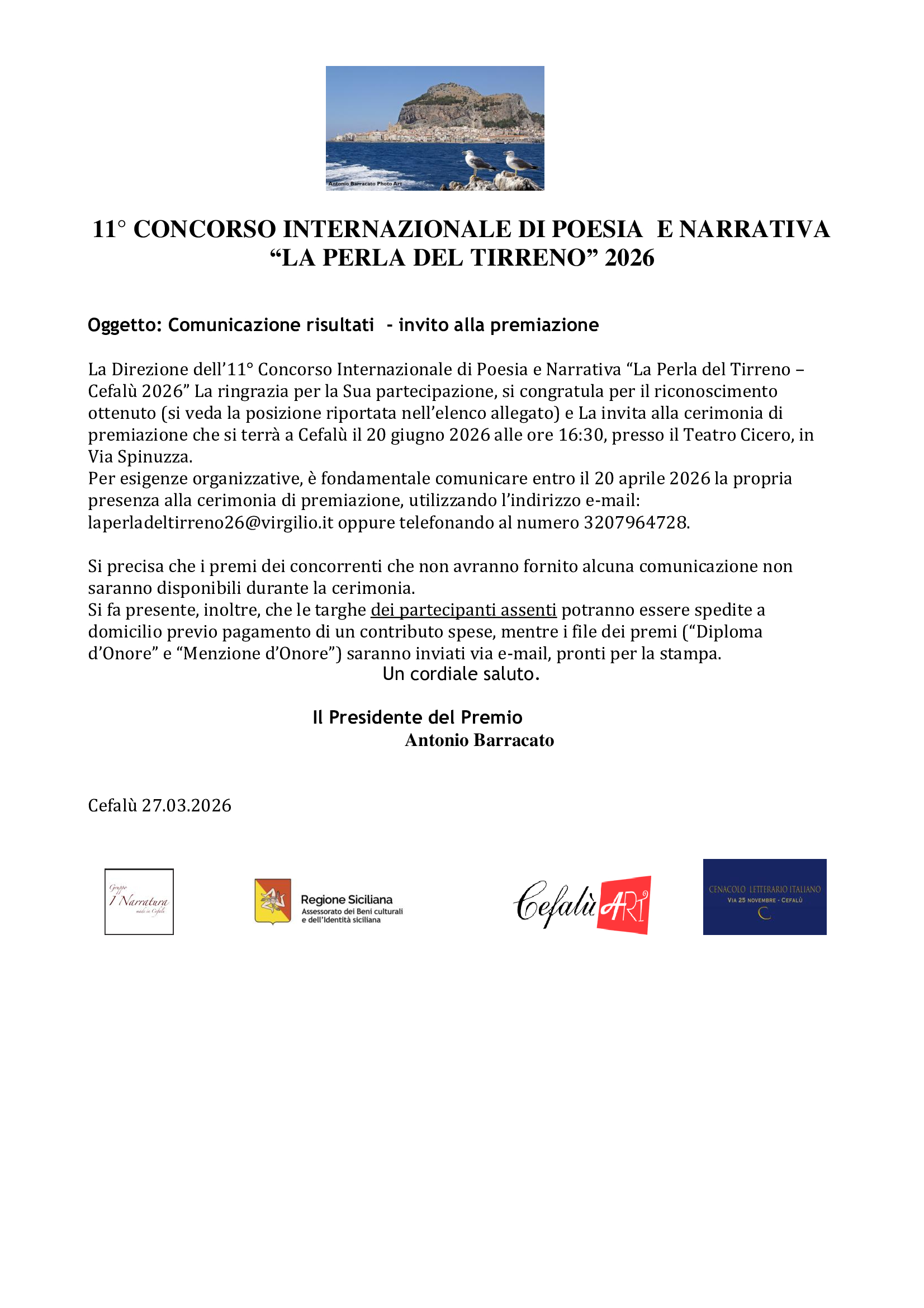 11° CONCORSO INTERNAZIONALE DI POESIA E NARRATIVA LA PERLA DEL TIRRENO 2026